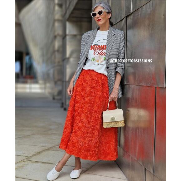 ZARA Floral Voluminous Midi Skirt NWT | Red Textured A-Line - Picture 11 of 16